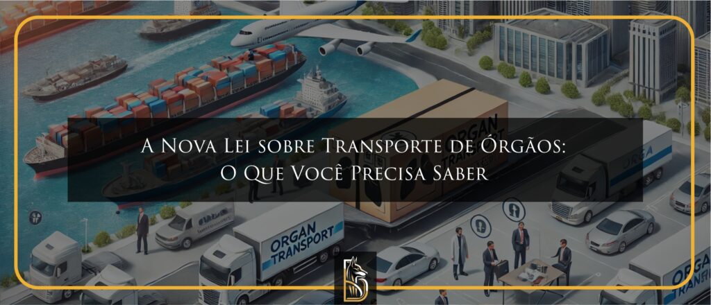 Imagem de um cenário urbano com vários modos de transporte e uma caixa de "Transporte de Órgãos", mostrando a coordenação entre diferentes setores e a importância do transporte de órgãos para transplantes.